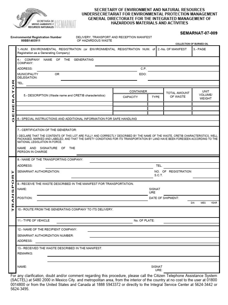 Manifest of Delivery, Transport and Reception of Hazardous Waste PDF