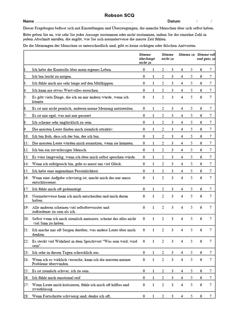 Robson Self Concept Questionnaire and Norms | PDF