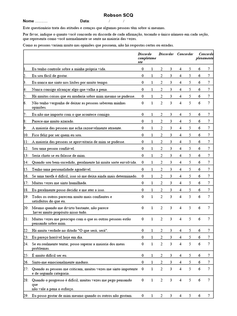 Robson Self Concept Questionnaire and Norms | PDF