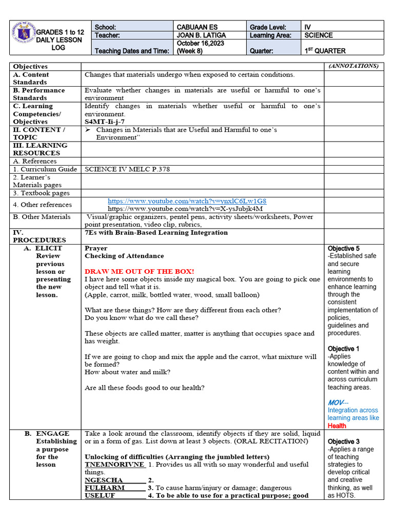 Science 4 Q1 Useful and Harmful Materials | PDF | Learning | Curriculum