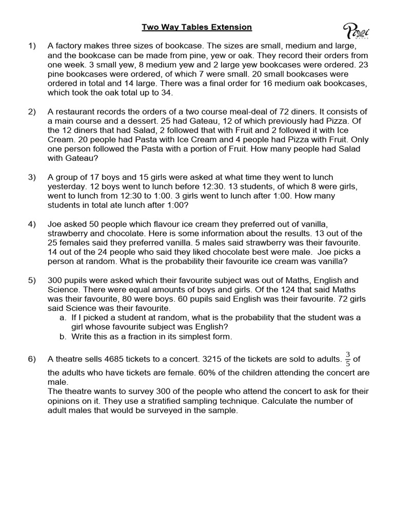 Two way tables extension pdf lunch cooking