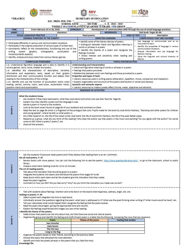 Didactic Planning 5 Ii Quarter The Poems Pdf Poetry Rhyme