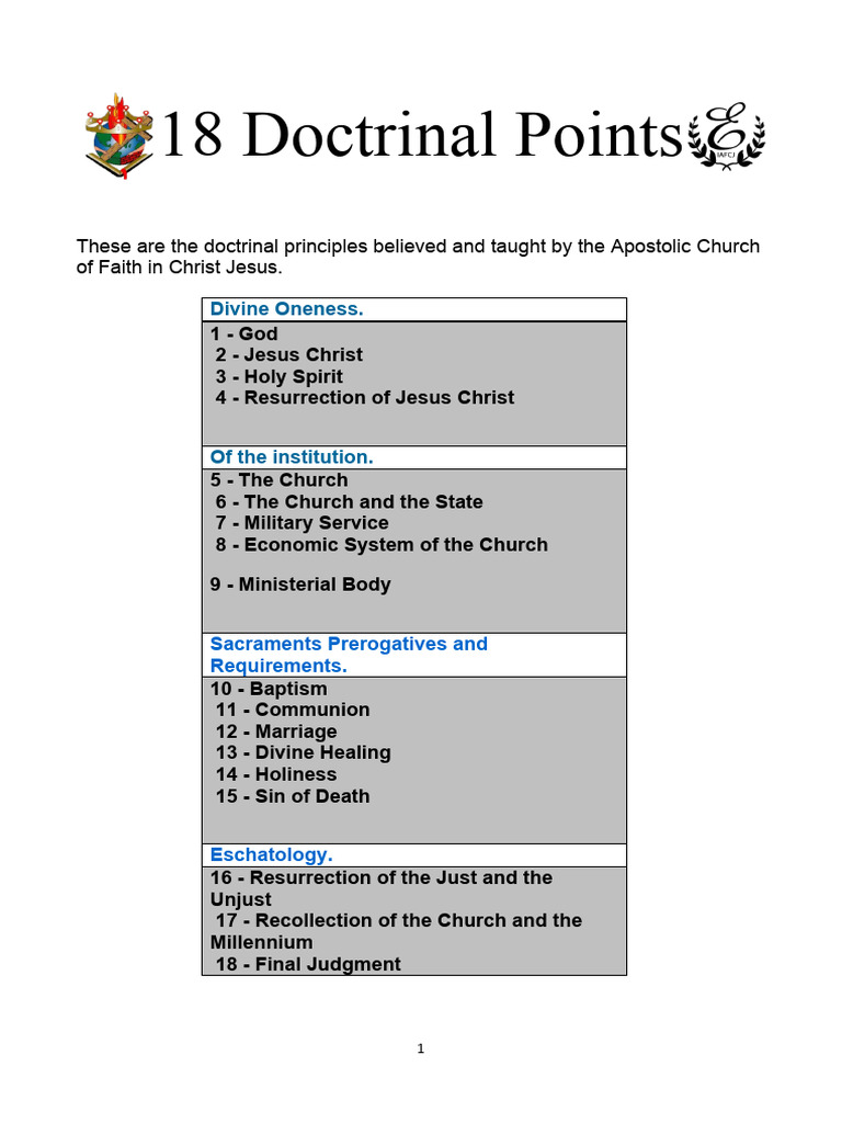 18 Doctrinal Points of Apostolic Faith | PDF | Baptism | Eucharist