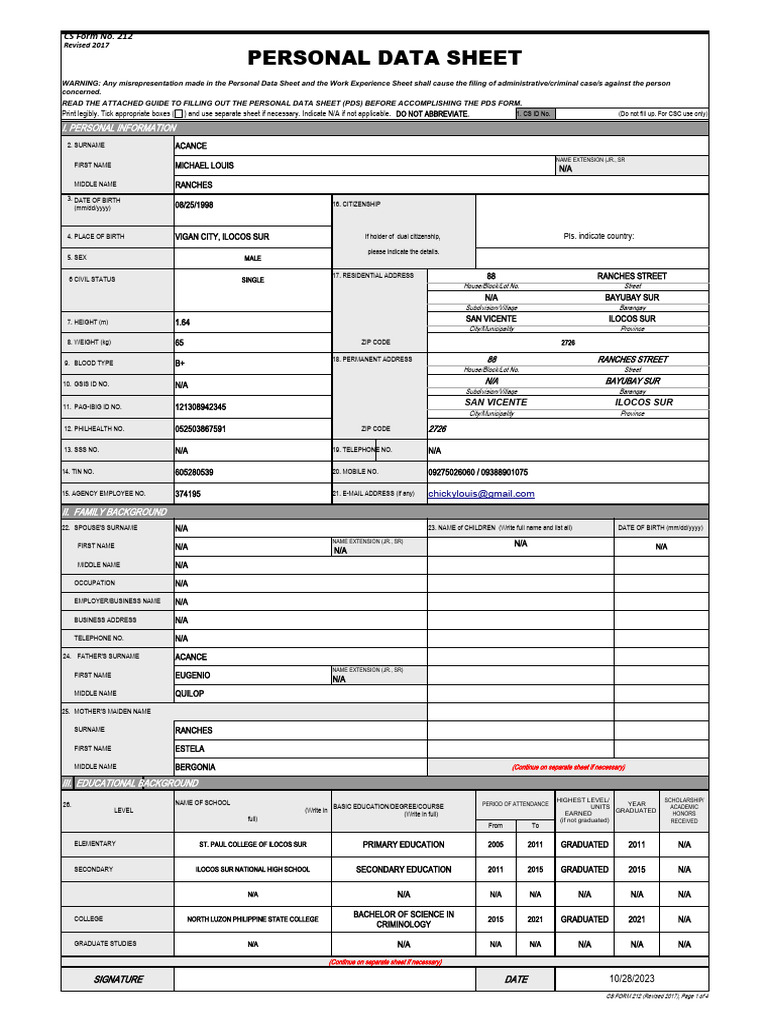 ACANCE Personal Data Sheet Revised PDF Government Justice