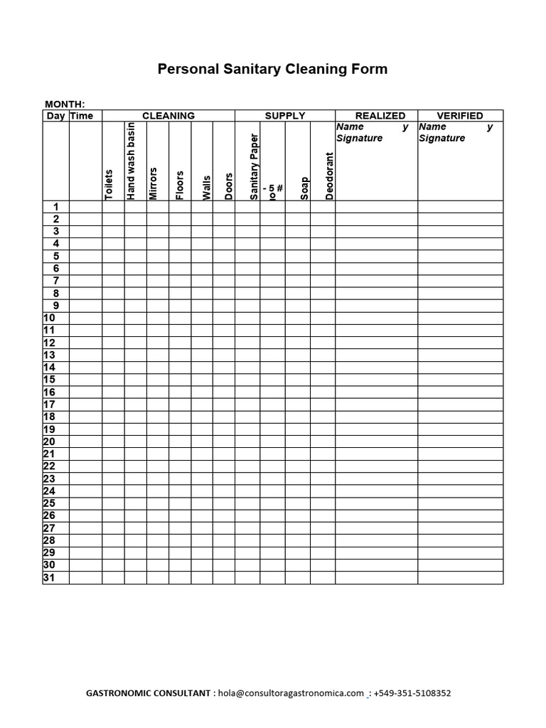 Sanitary Cleaning Control Sheet PDF Toilet Plumbing