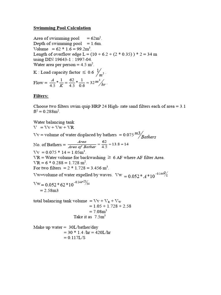 Swimming Pool Calculation PDF Physical Sciences Mechanical