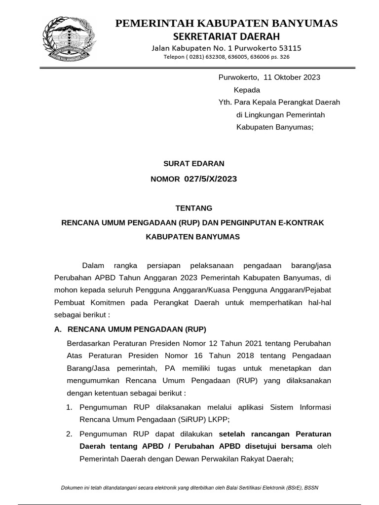 Surat Edaran Tentang Rup Dan Penginputan E Kontrak Pdf