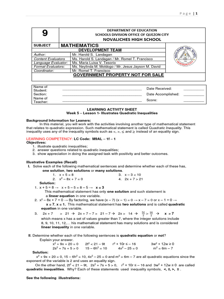 Week 5 Math 9 Lesson 12 14 Edited 2nd Time | PDF | Quadratic Equation ...