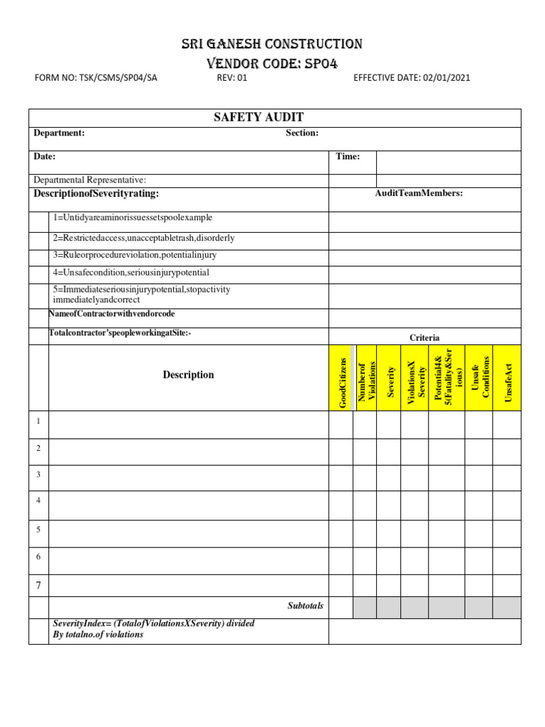 Construction Safety Audit Form Guide | PDF