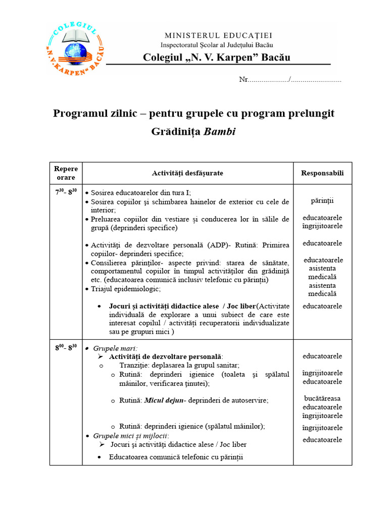 Program Zilnic Gradinita | PDF