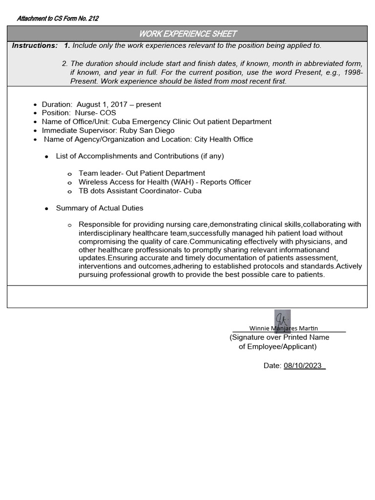 CS Form No. 212 Attachment Work Experience Sheet PDF