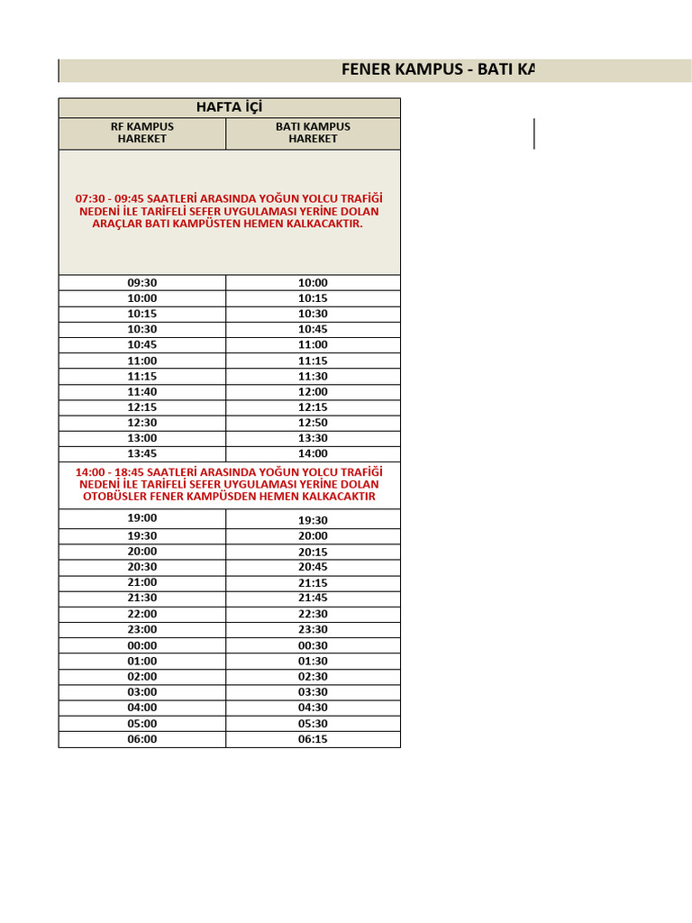 Fener Campus - West Campus Shuttle Schedule | PDF