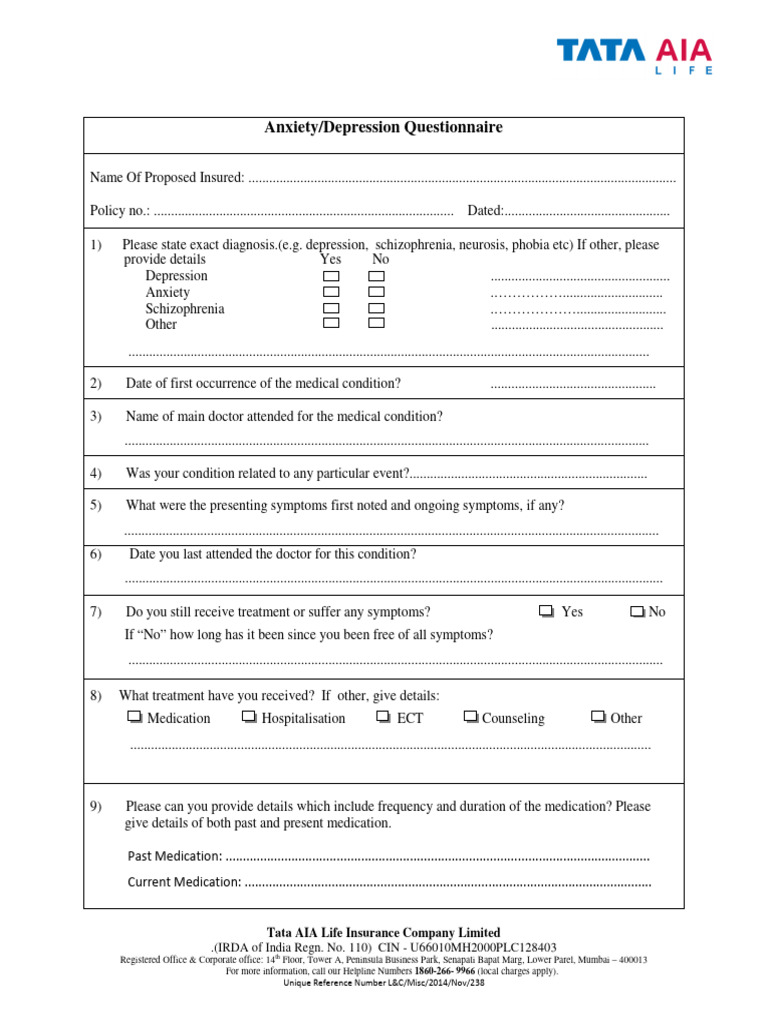 Anxiety Depression Questionnaire | PDF | Major Depressive Disorder ...