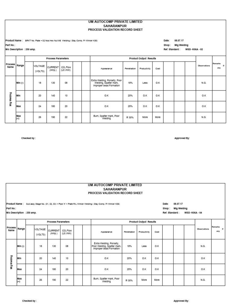Process Validation Record Mig Welding PDF