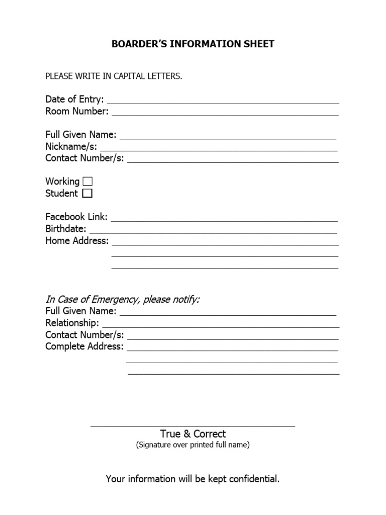 Boarder’s Information Sheet Template | PDF | Law