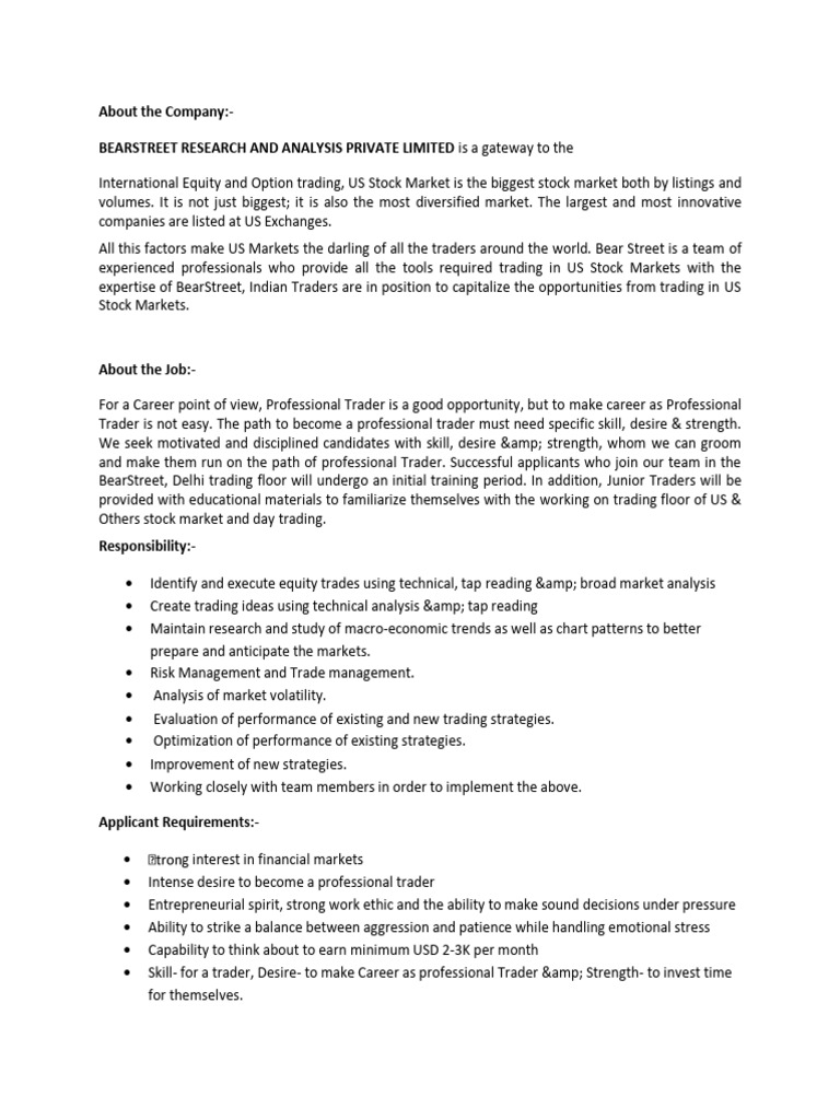 Job Description For Trainee Position PDF Stock Market Stocks