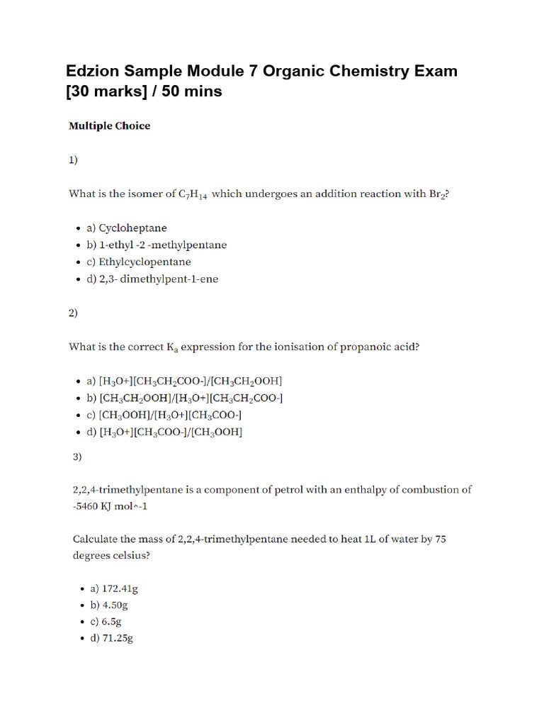 Sample Exam Organic Chemistry Module 7 PDF