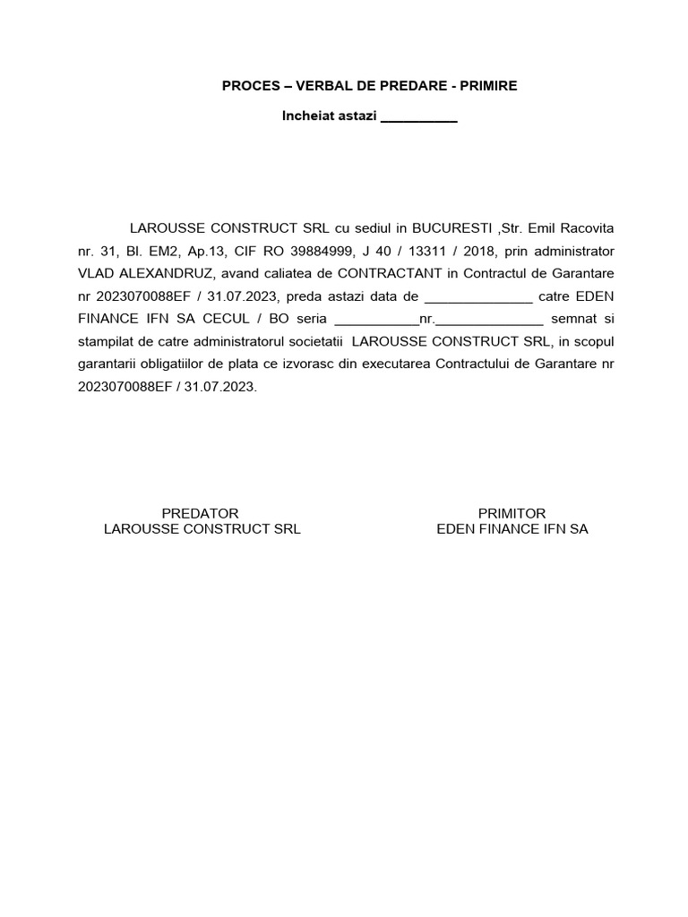 Proces Verbal de Predare Primire CEC - Bilet La Ordin | PDF