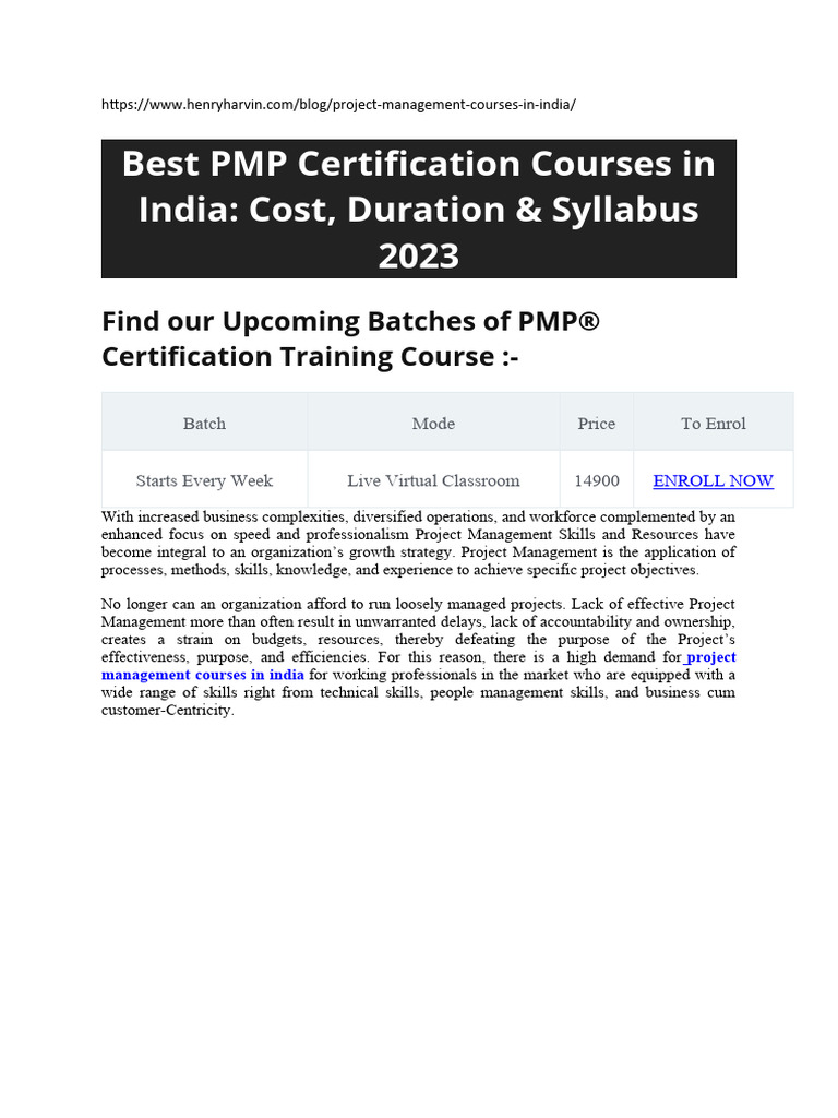 Best PMP Certification Courses in India Cost J Duration 0 Syllabus 2023 ...