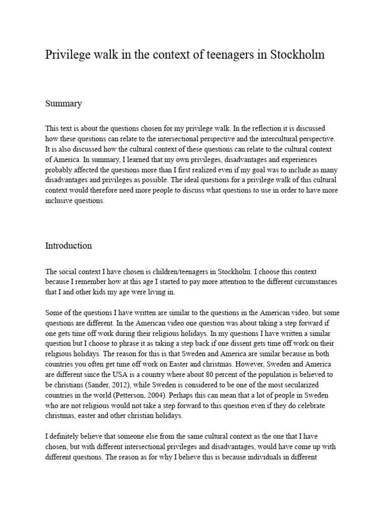 Privilege Walk Questions for Teens in Stockholm | PDF