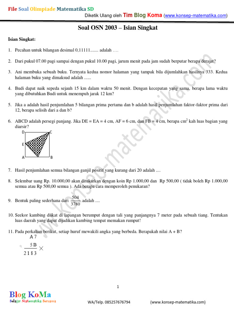 2003 Soal Osn 1 Isian Singkat Matik Sd Pdf