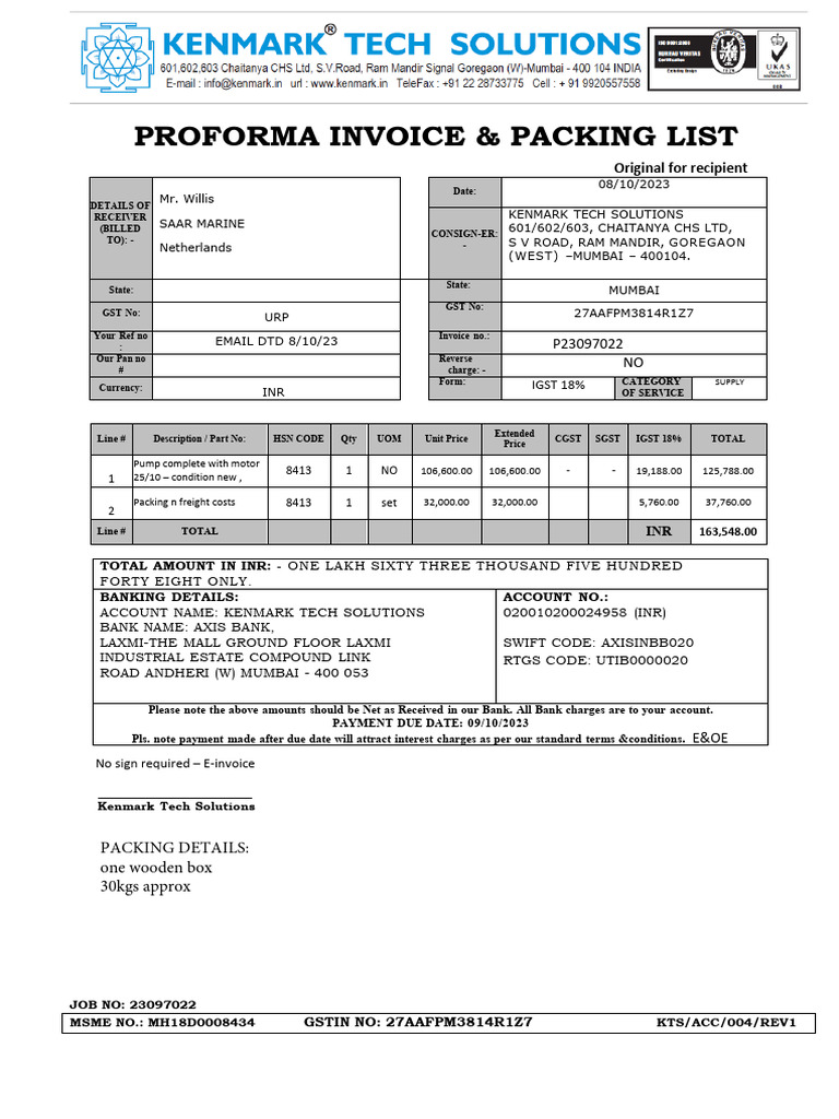 Proforma Invoice for Pump Supply | PDF | Financial Services | Service ...