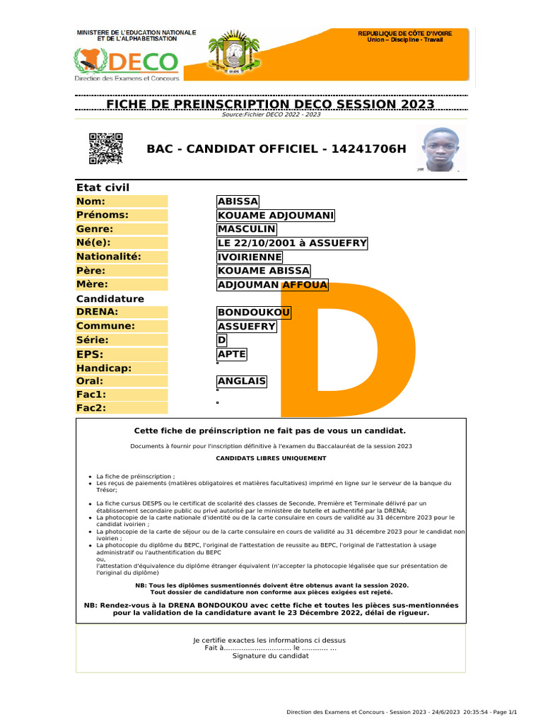 Fiche De Preinscription Deco Session 2023 Bac Candidat Officiel 