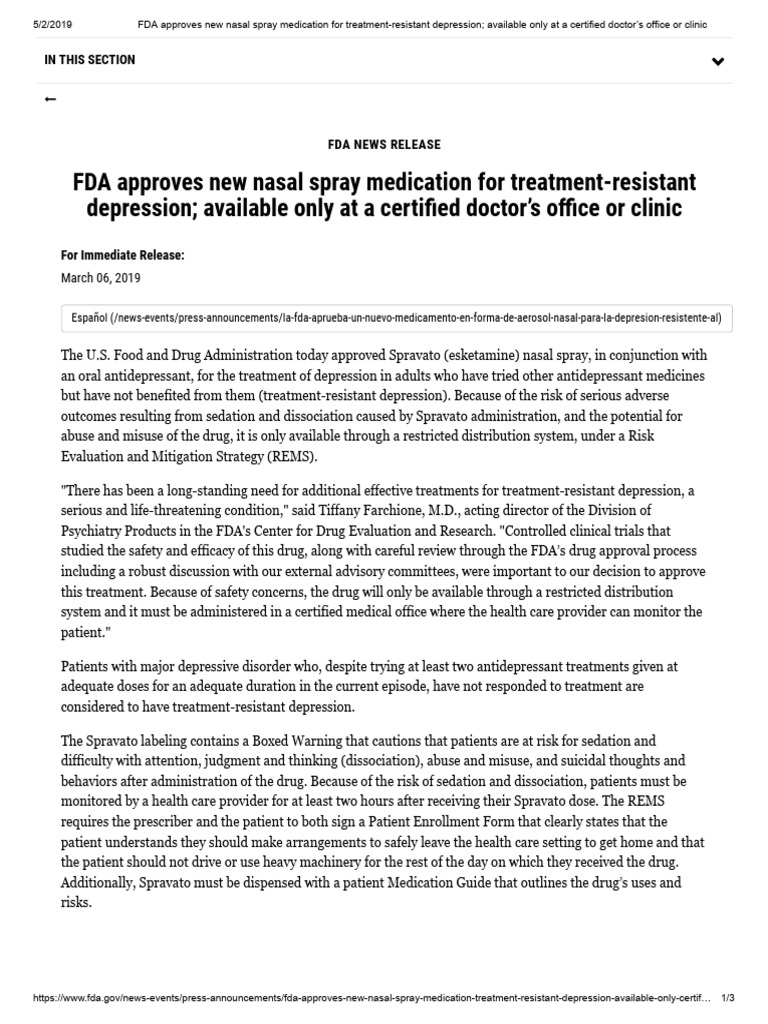 FDA approves new nasal spray medication for treatmentresistant