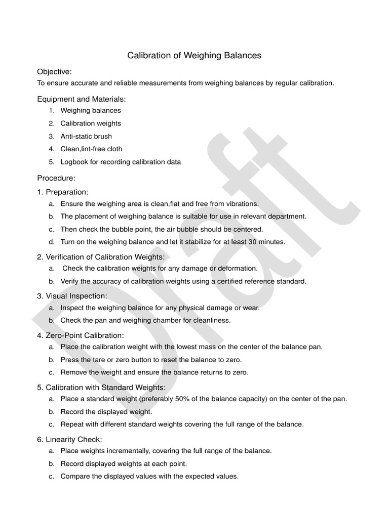 SOP For Weighing Balance PDF Weighing Scale Calibration