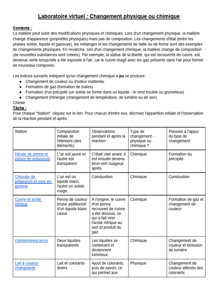 Changement Physique ou Chimique ? | PDF | Chimie | Iode