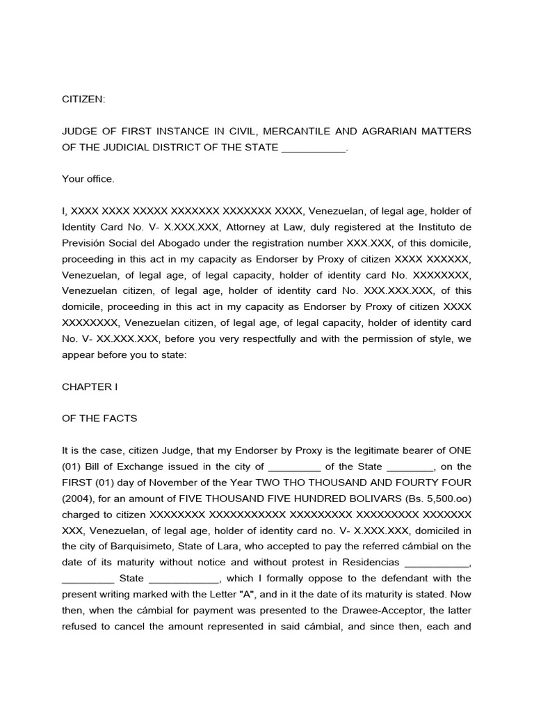 Claim Model For Collection of Bolívares by Bill of Exchange | PDF ...