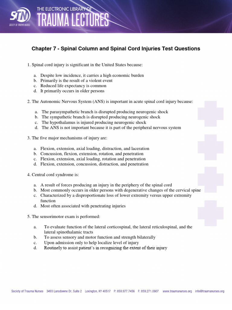 Spinal Cord Injury Test Questions | PDF | Spinal Cord Injury | Injury