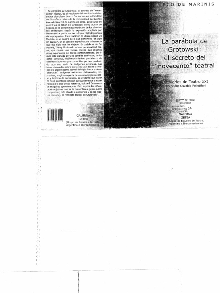 La Parabola de Grotowski El Secreto Del Novecento Teatral Marco de Marinis PDF