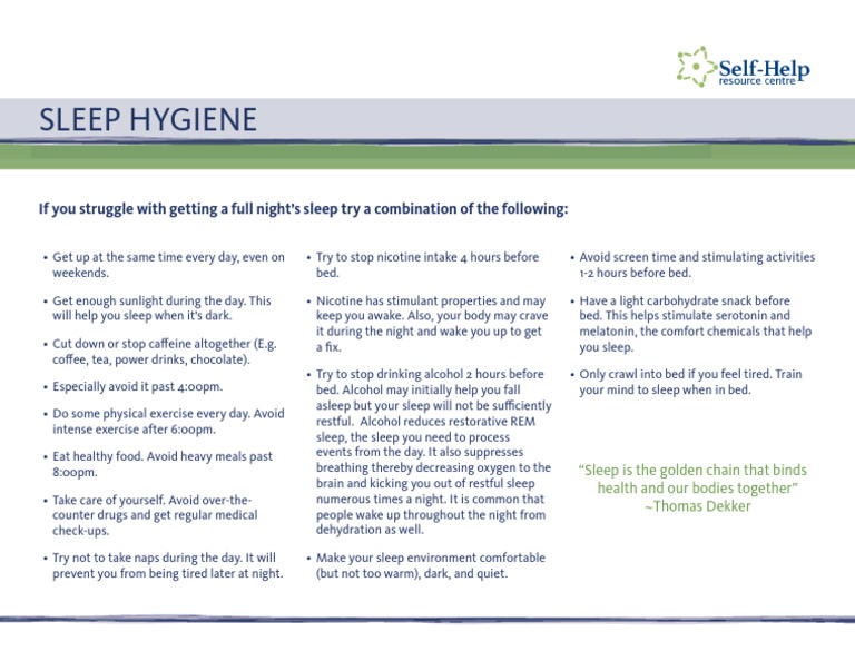 Sleep Hygiene Handout PDF Sleep Determinants Of Health