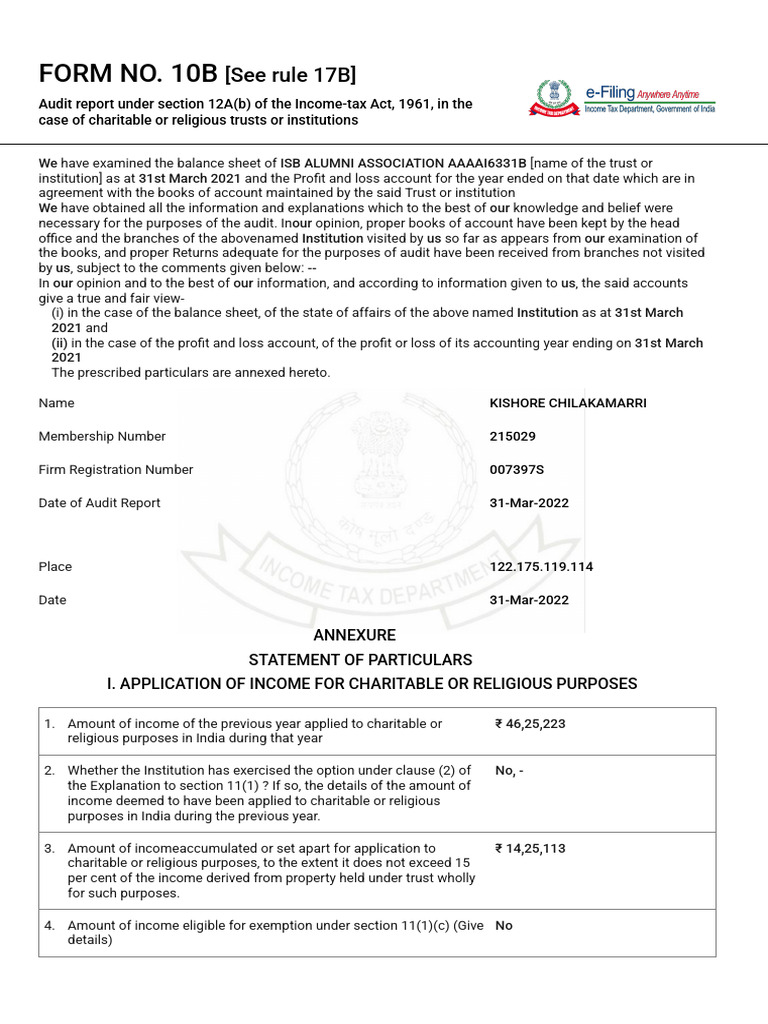 Form 10B - Filed Form AY 21-22 | PDF | Audit | Interest