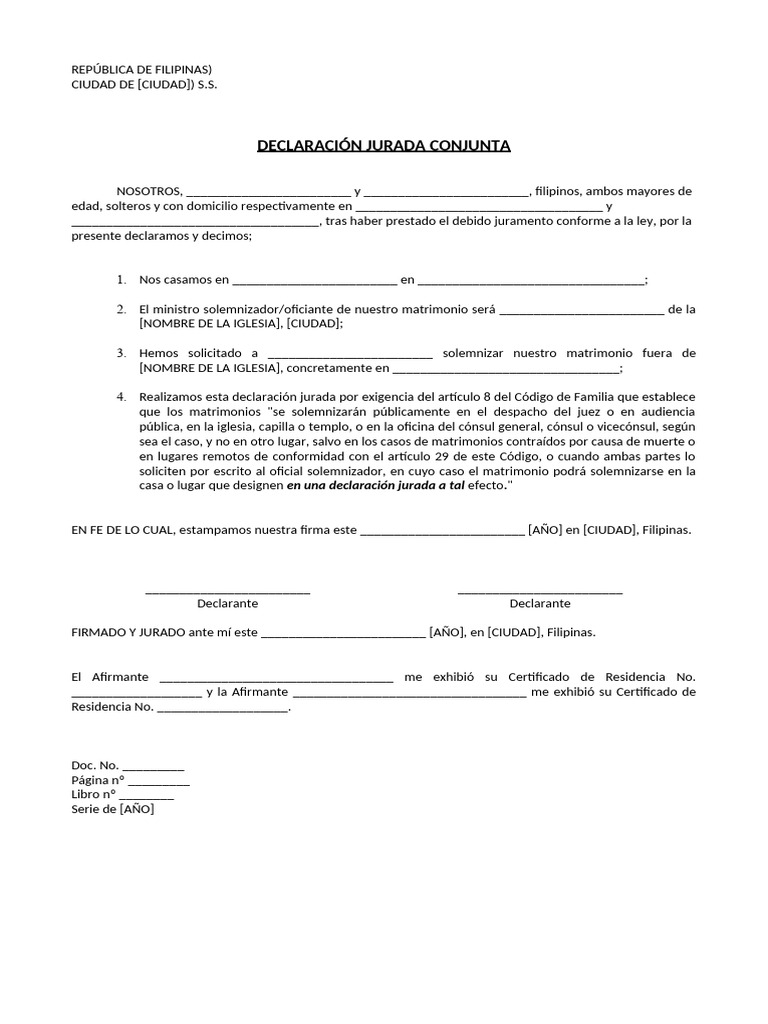 DECLARACIÓN JURADA CONJUNTA PARA CEREMONIA DE BODAS FUERA DEL LUGAR