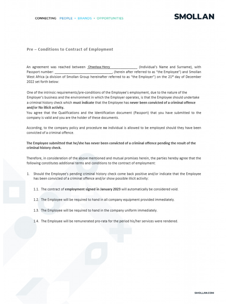 Smollan - Pre Conditions | PDF | Criminal Record | Employment