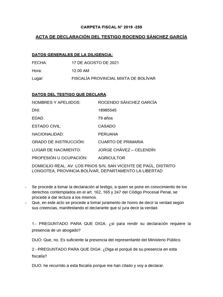 ACTA DE DECLARACIÓN DE TESTIGO | PDF | Testigo | Justicia