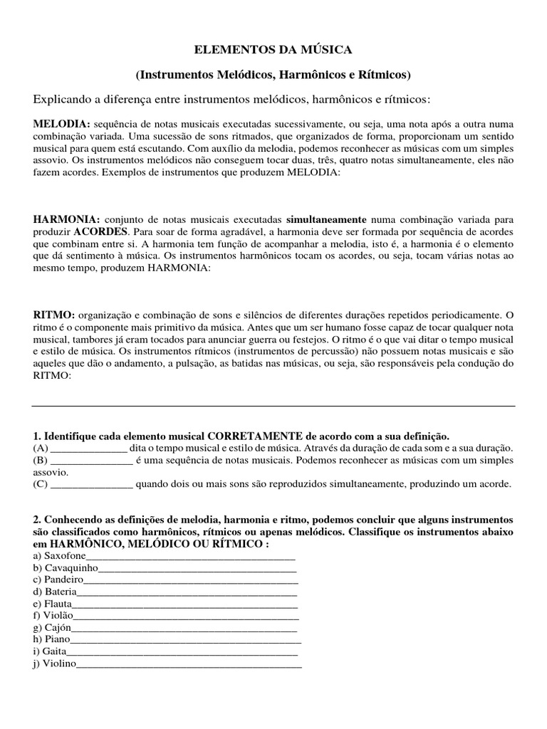 Instrumentos Rítmicos, Melódicos e Harmônicos Elementos Da Música