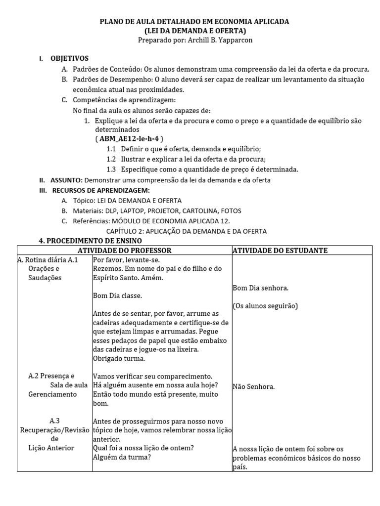 Plano de Aula Detalhado Sobre Economia | PDF | Demanda | Oferta e procura