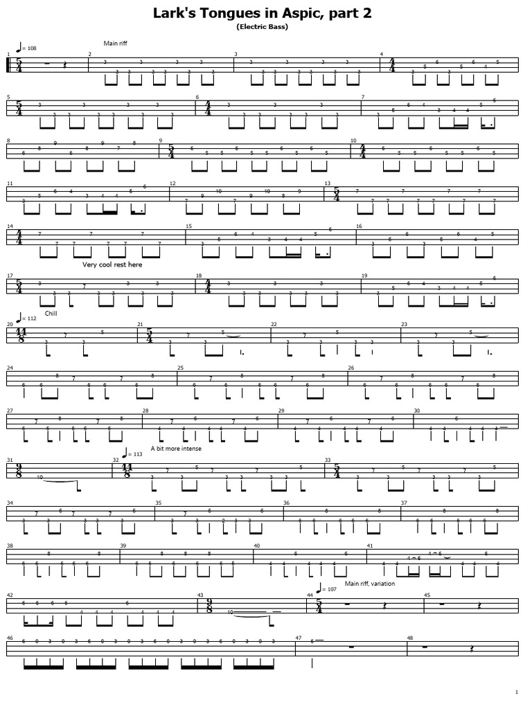 Lark's Tongues in Aspic, Part 2 Bass Tab | PDF