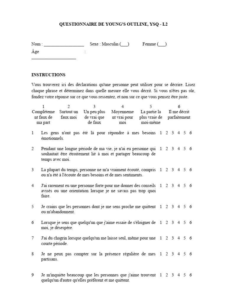 Questionnaire des Schémas de Young - YSQ-L2 | PDF | Expérience ...