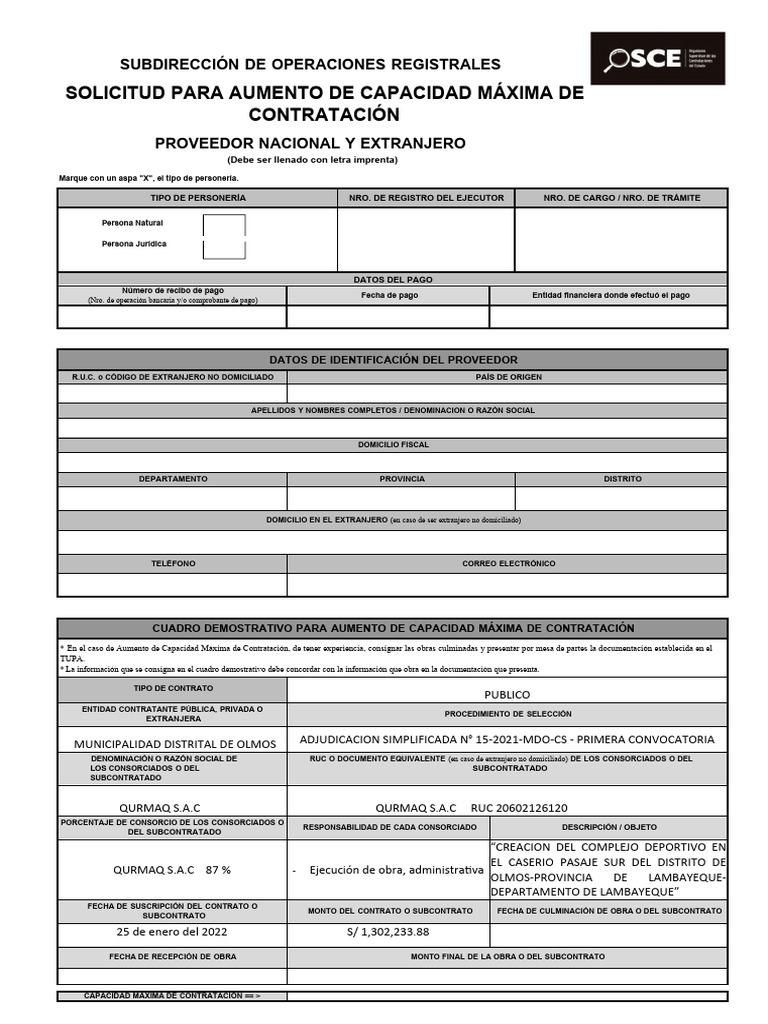 Formulario 23 Aumento de Capacidad Máxima de Contratación para