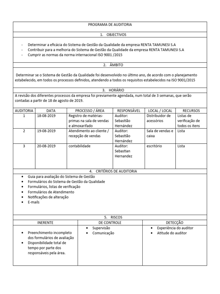 Formato Do Programa e Plano de Auditoria | PDF | ISO 9000 | Gestão de ...