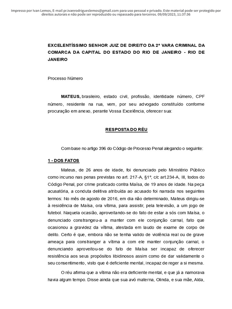 Resposta do Réu em Processo Criminal | PDF | Procedimento criminal | Réu