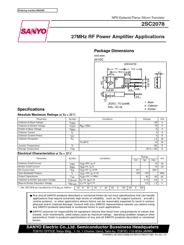C2078 SanyoSemiconDevice | PDF | Bipolar Junction Transistor ...