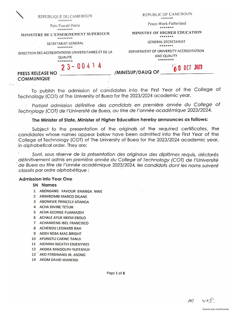 First Year of COT of The University of Buea PDF