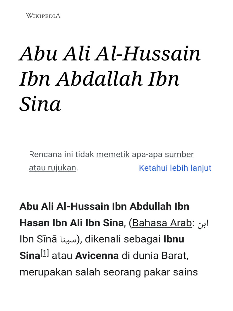 Abu Ali Al-Hussain Ibn Abdallah Ibn Sina - Wikipedia Bahasa Melayu ...