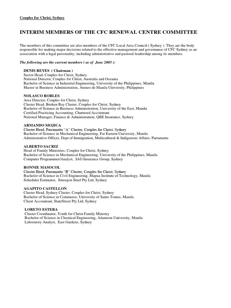 CFC Sydney Renewal Centre Committee Members | PDF | Career & Growth ...