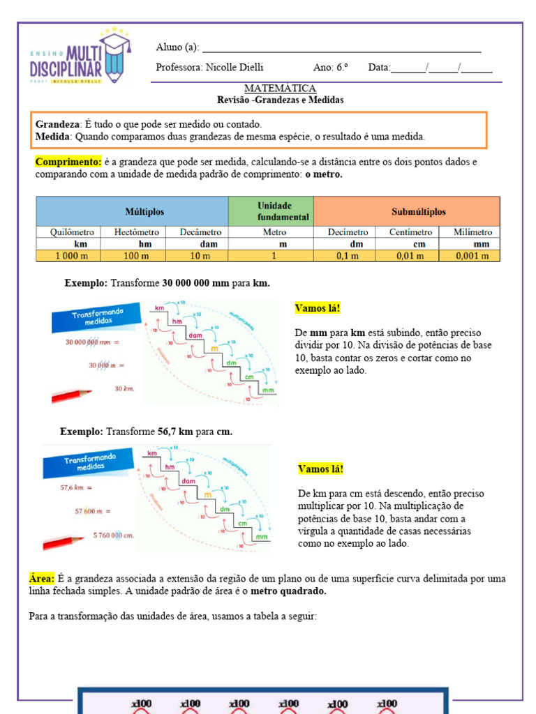 Revisão de Grandezas e Medidas 6.º Ano | PDF | Quilograma | Líquidos